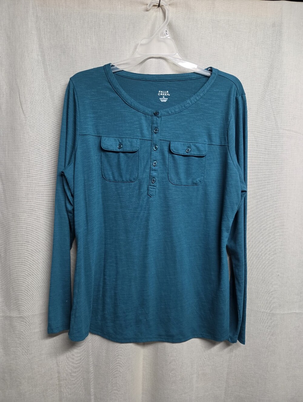 Falls Creek Women's Teal Long Sleeve Henley with Chest Pockets